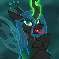 Size: 2764x2769 | Tagged: safe, artist:janeblood969, queen chrysalis, changeling, changeling queen, canterlot wedding 10th anniversary, g4, antagonist, crown, eyelashes, eyeshadow, fangs, female, glowing, glowing eyes, glowing horn, high res, horn, insect wings, jewelry, looking at you, makeup, regalia, simple background, smiling, smiling at you, smirk, tongue out, wings