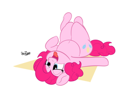 Size: 4098x3072 | Tagged: safe, artist:datzigga, pinkie pie, earth pony, pony, belly, belly button, chubby, female, high res, lidded eyes, lying down, mare, on back, open mouth, open smile, signature, simple background, smiling, solo, tongue out, white background