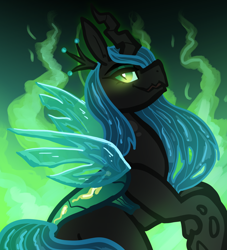 Size: 1700x1870 | Tagged: source needed, safe, artist:nootaz, queen chrysalis, changeling, changeling queen, canterlot wedding 10th anniversary, g4, crown, grin, jewelry, rearing, regalia, side view, smiling, solo