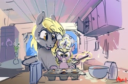 Size: 3449x2267 | Tagged: safe, artist:alumx, derpy hooves, dinky hooves, pegasus, pony, unicorn, g4, baking, chef's hat, cute, duo, equestria's best mother, female, filly, foal, food, glowing, glowing horn, hat, high res, horn, levitation, magic, mare, mother and child, mother and daughter, mother's day, muffin, telekinesis, tongue out