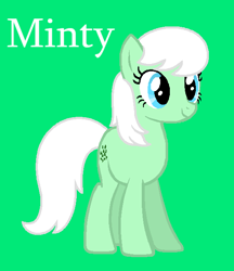 Size: 540x624 | Tagged: safe, artist:jigglewiggleinthepigglywiggle, minty (g1), earth pony, pony, g1, g4, base used, blue eyes, cute, female, full body, g1 mintabetes, g1 to g4, generation leap, green background, mare, simple background, smiling, solo, tail, text, white hair, white mane, white tail, white text