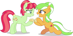 Size: 4573x2285 | Tagged: safe, artist:starcollider, apple dumpling, apple leaves, earth pony, pony, g4, the big mac question, .svg available, apple family member, apple fritter (food), duo, duo female, female, food, full body, gritted teeth, headband, high res, mare, narrowed eyes, simple background, svg, tail, tail wrap, teeth, transparent background, vector