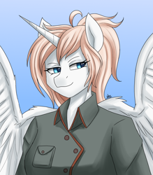 Size: 1400x1600 | Tagged: safe, artist:zachc, oc, oc:jagerin, alicorn, anthro, equestria at war mod, aryan pony, bust, clothes, female, military uniform, portrait, smiling, solo, uniform, wings