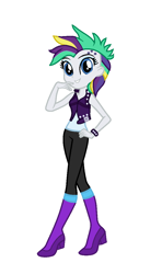 Size: 674x1136 | Tagged: safe, artist:ketrin29, artist:rebeeccadesings, rarity, human, equestria girls, g4, alternate hairstyle, base used, boots, clothes, equestria girls interpretation, female, grin, pants, punk, raripunk, scene interpretation, shoes, short shirt, simple background, smiling, solo, spiked wristband, tank top, vest, white background, wristband