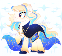 Size: 2317x2092 | Tagged: safe, artist:whohwo, oc, oc only, earth pony, pony, base used, cape, clothes, constellation, ear fluff, earth pony oc, ethereal mane, high res, makeup, simple background, smiling, solo, starry mane, unshorn fetlocks, white background
