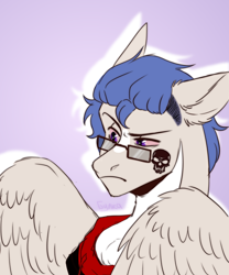 Size: 2500x3000 | Tagged: safe, artist:bulkaaoga, oc, oc only, pony, bust, chest fluff, ear fluff, frown, glasses, high res, male, purple background, simple background, solo, stallion, tatttoo, wings