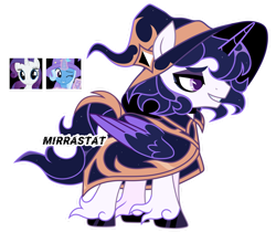 Size: 1280x1077 | Tagged: safe, artist:mirrastat, oc, alicorn, pony, unicorn, alicorn oc, base used, clothes, female, glowing, glowing horn, hat, horn, magical lesbian spawn, makeup, male, mare, offspring, one eye closed, parent:rarity, parent:trixie, simple background, smiling, stallion, transparent background, unshorn fetlocks, wings, wink, witch hat