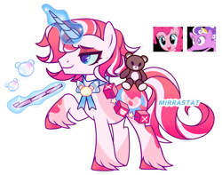 Size: 1280x1011 | Tagged: safe, artist:mirrastat, pinkie pie, screwball, oc, pony, unicorn, g4, base used, clothes, female, glowing, glowing horn, horn, magic, magical lesbian spawn, makeup, male, mare, offspring, parent:pinkie pie, parent:screwball, parents:screwpie, plushie, simple background, smiling, stallion, teddy bear, telekinesis, transparent background, unshorn fetlocks