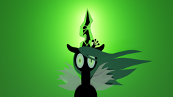 Size: 3840x2160 | Tagged: source needed, safe, artist:pwnypony db, queen chrysalis, changeling, changeling queen, canterlot wedding 10th anniversary, a canterlot wedding, g4, 3d, 4k, absurd file size, antagonist, blender, crown, female, glowing, glowing horn, green background, green eyes, green light, green magic, high res, horn, jewelry, magic, regalia, scene interpretation, shadows, simple background, slit pupils, solo, wings