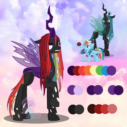 Size: 1280x1280 | Tagged: safe, artist:shiee-artopia223, queen chrysalis, rainbow dash, changeling, changeling queen, pony, g4, base used, female, fusion, mare, multicolored hair, purple changeling, rainbow hair