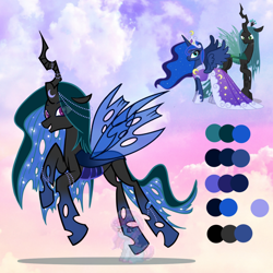 Size: 1200x1200 | Tagged: safe, artist:shiee-artopia223, princess luna, queen chrysalis, alicorn, changeling, changeling queen, pony, g4, base used, blue changeling, clothes, concave belly, dress, female, fusion, lanky, long legs, mare, skinny, tall, thin