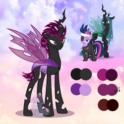 Size: 1280x1280 | Tagged: safe, artist:shiee-artopia223, queen chrysalis, twilight sparkle, changeling, changeling queen, pony, unicorn, g4, base used, eyepatch, female, frown, fusion, future twilight, mare, purple changeling, unicorn twilight