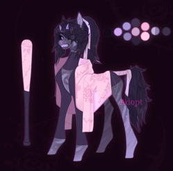 Size: 1280x1272 | Tagged: safe, artist:meggychocolatka, oc, oc only, pony, baseball bat, clothes, ear fluff, eye clipping through hair, horns, purple background, reference sheet, simple background, solo, thin