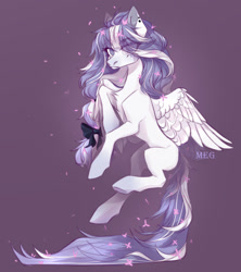 Size: 1280x1442 | Tagged: safe, artist:meggychocolatka, oc, oc only, pegasus, pony, concave belly, ear piercing, eye clipping through hair, gradient hooves, long mane, long tail, pegasus oc, piercing, purple background, simple background, slender, solo, tail, thin, wings