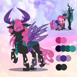Size: 1280x1280 | Tagged: safe, artist:shiee-artopia223, pinkie pie, queen chrysalis, changeling, changeling queen, pony, g4, base used, clothes, dress, female, fusion, mare, saloon dress, saloon pinkie