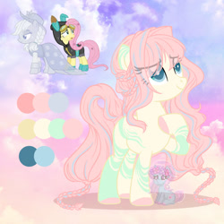 Size: 1280x1280 | Tagged: safe, artist:shiee-artopia223, applejack, fluttershy, spirit of hearth's warming past, ghost, pony, undead, g4, base used, bunny ears, clothes, costume, dangerous mission outfit, eye clipping through hair, eyelashes, female, fusion, goggles, hat, hoodie, hoof on chest, mare