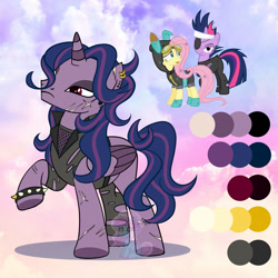Size: 1280x1280 | Tagged: safe, artist:shiee-artopia223, fluttershy, twilight sparkle, alicorn, pony, unicorn, g4, base used, bunny ears, clothes, costume, dangerous mission outfit, ear piercing, earring, eyelashes, female, fusion, future twilight, goggles, hoodie, jewelry, mare, piercing, scar, torn clothes, unicorn twilight