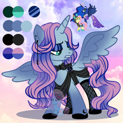 Size: 1050x1050 | Tagged: safe, artist:shiee-artopia223, fluttershy, princess luna, alicorn, pegasus, pony, g4, base used, bedroom eyes, bunny ears, clothes, costume, dangerous mission outfit, dress, ear piercing, eyelashes, female, fishnet stockings, fusion, goggles, hoodie, makeup, mare, piercing, spread wings, wings