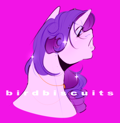 Size: 1544x1586 | Tagged: safe, artist:birdbiscuits, rarity, pony, unicorn, g4, bust, pink background, simple background, solo, watermark