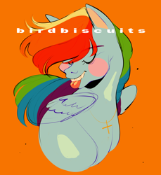 Size: 1280x1397 | Tagged: safe, artist:birdbiscuits, rainbow dash, pegasus, pony, g4, blush sticker, blushing, bust, eyes closed, jewelry, necklace, orange background, simple background, solo, tongue out, watermark
