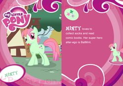 Size: 992x699 | Tagged: safe, artist:kpendragon, minty, earth pony, pony, g3, g4, blind bag, blind bag card, card, cutie mark, female, g3 to g4, generation leap, looking at you, mare, smiling, text, tongue out, toy