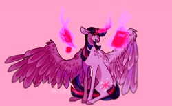 Size: 1880x1156 | Tagged: safe, artist:birdbiscuits, twilight sparkle, alicorn, pony, g4, book, colored hooves, curved horn, female, full body, horn, large wings, looking at something, magic, magic aura, mare, pink background, quill, simple background, sitting, solo, spread wings, telekinesis, twilight sparkle (alicorn), wings