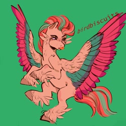 Size: 3000x3000 | Tagged: safe, artist:birdbiscuits, zipp storm, pegasus, pony, g5, cheek feathers, feathered fetlocks, green background, high res, simple background, solo, spread wings, tongue out, wings