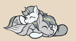 Size: 1819x1000 | Tagged: safe, artist:ahorseofcourse, oc, oc only, oc:spectral streak, oc:white light, pegasus, pony, unicorn, beige background, brother and sister, cuddling, cute, duo, eyes closed, female, lying down, male, mare, siblings, simple background, smiling, stallion