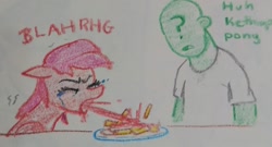 Size: 2015x1092 | Tagged: safe, artist:pony quarantine, oc, oc only, oc:anon, earth pony, human, pony, crayon drawing, crying, duo, eyes closed, female, food, french fries, ketchup, male, mare, sauce, traditional art, vomiting
