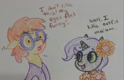 Size: 2048x1329 | Tagged: safe, artist:pony quarantine, oc, oc only, oc:nyx, alicorn, earth pony, pony, crayon drawing, duo, female, filly, flower, flower in hair, foal, glasses, traditional art