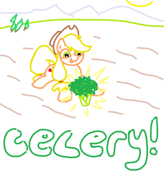 Size: 855x899 | Tagged: safe, artist:purblehoers, applejack, earth pony, pony, g4, applejack's hat, celery, cowboy hat, excited, farm, female, field, hat, mare, mountain, mountain range, ms paint, outdoors, solo, standing, sun, text, tree