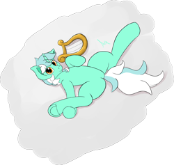 Size: 3752x3562 | Tagged: safe, artist:aquamuro, lyra heartstrings, pony, unicorn, g4, colored, description is relevant, flat colors, full body, high res, horn, looking at you, lying down, musical instrument, on back, raised hoof, signature, simple background, sketch, smiling, smiling at you, two toned mane, underhoof