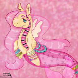 Size: 1773x1773 | Tagged: safe, artist:catfibsh, fluttershy, merpony, pony, g4, abstract background, bracelet, ear piercing, earring, female, jewelry, mare, mermay, piercing, solo, watermark