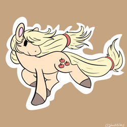 Size: 1280x1280 | Tagged: safe, artist:catfibsh, applejack, earth pony, pony, g4, brown background, female, hatless, mare, missing accessory, outline, running, simple background, smiling, solo, white outline, windswept mane