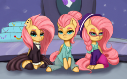 Size: 1846x1154 | Tagged: safe, artist:inkypuso, fluttershy, pegasus, pony, g4, alternate hairstyle, clothes, dress, ear piercing, earring, eyeshadow, fedora, female, fluttergoth, glasses, hat, hipstershy, hoof shoes, jewelry, makeup, mare, piercing, self paradox, self ponidox, severeshy, shirt, shorts, sitting, triality, trio