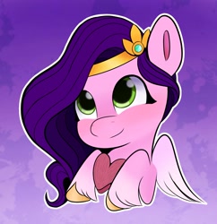 Size: 1536x1587 | Tagged: safe, artist:pipp_petal, pipp petals, pegasus, pony, g5, adorapipp, cute, female, folded wings, gradient background, heart, mare, smiling, solo, wings