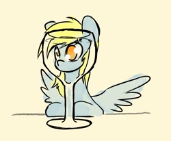 Size: 1330x1096 | Tagged: safe, artist:manicpanda, derpy hooves, pegasus, pony, g4, cute, derpabetes, female, glass, mare, no pupils, simple background, solo, spread wings, wine glass, wings, yellow background