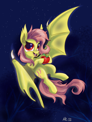 Size: 5400x7200 | Tagged: safe, artist:lytlethelemur, fluttershy, bat pony, pony, g4, absurd file size, absurd resolution, apple, bat ponified, cute, flutterbat, flying, food, hoof hold, night, open mouth, race swap, smiling, solo, spread wings, wings