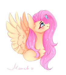Size: 1280x1465 | Tagged: safe, artist:adele-blooming-art, fluttershy, butterfly, pegasus, pony, g4, blushing, bust, chest fluff, female, looking up, mare, simple background, smiling, solo, spread wings, white background, wings