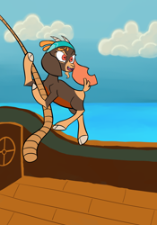 Size: 3500x5000 | Tagged: safe, artist:jsacos, shanty (tfh), goat, them's fightin' herds, cloven hooves, community related, female, hoof hold, pirate, pirate ship, rope, solo, swinging, the capricorn (tfh)