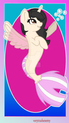 Size: 1280x2271 | Tagged: safe, artist:verytrashenemy-spark, oc, oc only, alicorn, pony, seapony (g4), black mane, bubble, deviantart watermark, dorsal fin, female, fin wings, fins, fish tail, flowing tail, horn, mare, obtrusive watermark, ocean, open mouth, seaponified, smiling, solo, species swap, tail, underwater, water, watermark, wings
