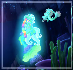 Size: 1280x1234 | Tagged: safe, artist:tuttyfruitcutie, oc, oc only, seapony (g4), bioluminescent, blue mane, bubble, coral, crepuscular rays, dorsal fin, female, fins, fish tail, floppy ears, flowing mane, flowing tail, glowing, jewelry, looking at each other, looking at someone, mare, multicolored eyes, necklace, ocean, scales, seaquestria, seaweed, smiling, smiling at each other, tail, underwater, water