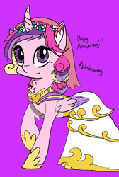 Size: 858x1279 | Tagged: safe, artist:rainbowwing, princess cadance, alicorn, pony, canterlot wedding 10th anniversary, g4, clothes, dress, ear fluff, female, floral head wreath, flower, folded wings, heart eyes, hoof shoes, looking at you, mare, purple background, raised hoof, signature, simple background, smiling, smiling at you, solo, wedding dress, wingding eyes, wings