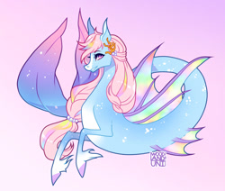 Size: 1280x1083 | Tagged: safe, artist:woodlanduni, oc, oc only, hybrid, merpony, seapony (g4), adoptable, coral, female, fin wings, fins, fish tail, flowing mane, flowing tail, jewelry, mare, necklace, pearl necklace, pink background, pink mane, purple eyes, seaponified, signature, simple background, smiling, solo, species swap, tail, teeth, unshorn fetlocks, wings
