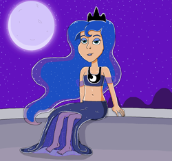 Size: 1439x1350 | Tagged: safe, artist:ocean lover, princess luna, human, g4, balcony, bare midriff, bare shoulders, barefoot, beautiful, belly button, blue eyes, blue eyeshadow, blue hair, blue lipstick, clothes, crown, dress, ethereal mane, eyelashes, eyeshadow, feet, female, flowing hair, glowing, hill, human coloration, humanized, jewelry, lidded eyes, lipstick, looking at you, makeup, midriff, moon, mountain, night, outdoors, pretty, princess of the night, regalia, sexy, shiny skin, sitting, sky, smiling, smiling at you, solo, sparkles, starry hair, starry mane, starry night, stars