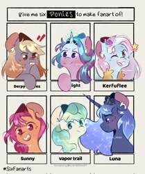 Size: 1715x2048 | Tagged: safe, artist:yun_nhee, derpy hooves, kerfuffle, princess luna, starlight glimmer, sunny starscout, vapor trail, alicorn, earth pony, pegasus, pony, unicorn, g4, g5, eye clipping through hair, eyebrows, eyebrows visible through hair, female, looking at you, magic, magic aura, mare, one eye closed, open mouth, open smile, six fanarts, smiling, smiling at you, wink