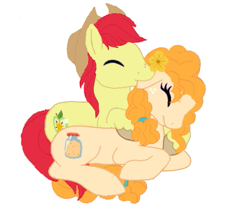 Size: 601x510 | Tagged: safe, artist:decokenite, bright mac, pear butter, earth pony, pony, g4, base used, biting, ear bite, eyes closed, female, flower, hat, hug, hugging a pony, lying down, male, mare, parent, requested art, ship:brightbutter, shipping, simple background, stallion, straight, white background