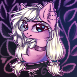 Size: 1000x1000 | Tagged: safe, artist:jsunlight, oc, oc only, oc:leaenala, pony, abstract background, blonde hair, blue eyes, bust, chest fluff, choker, ear fluff, ear piercing, earring, eye clipping through hair, eyebrows, eyebrows visible through hair, eyelashes, female, fluffy hair, fluffy mane, hair ribbon, jewelry, long hair, looking at you, mare, multicolored iris, piercing, pigtails, pink coat, portrait, ribbon, signature, smiling, smirk, solo, three quarter view