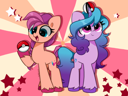 Size: 5928x4472 | Tagged: safe, artist:kittyrosie, izzy moonbow, sunny starscout, earth pony, pony, unicorn, g5, abstract background, absurd resolution, blushing, cute, duo, duo female, female, heart eyes, izzy impaling things, izzybetes, mare, open mouth, open smile, poké ball, pokémon, signature, smiling, stars, sunnybetes, unshorn fetlocks, wingding eyes