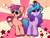 Size: 5928x4472 | Tagged: safe, artist:kittyrosie, izzy moonbow, sunny starscout, earth pony, pony, unicorn, g5, abstract background, absurd resolution, blushing, cute, duo, duo female, female, heart eyes, izzy impaling things, izzybetes, mare, open mouth, open smile, poké ball, pokémon, signature, smiling, stars, sunnybetes, unshorn fetlocks, wingding eyes